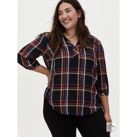 torrid Tops - Torrid Rayon Twill Tie Neck Plaid Peasant Top Womens Plus Size 3X